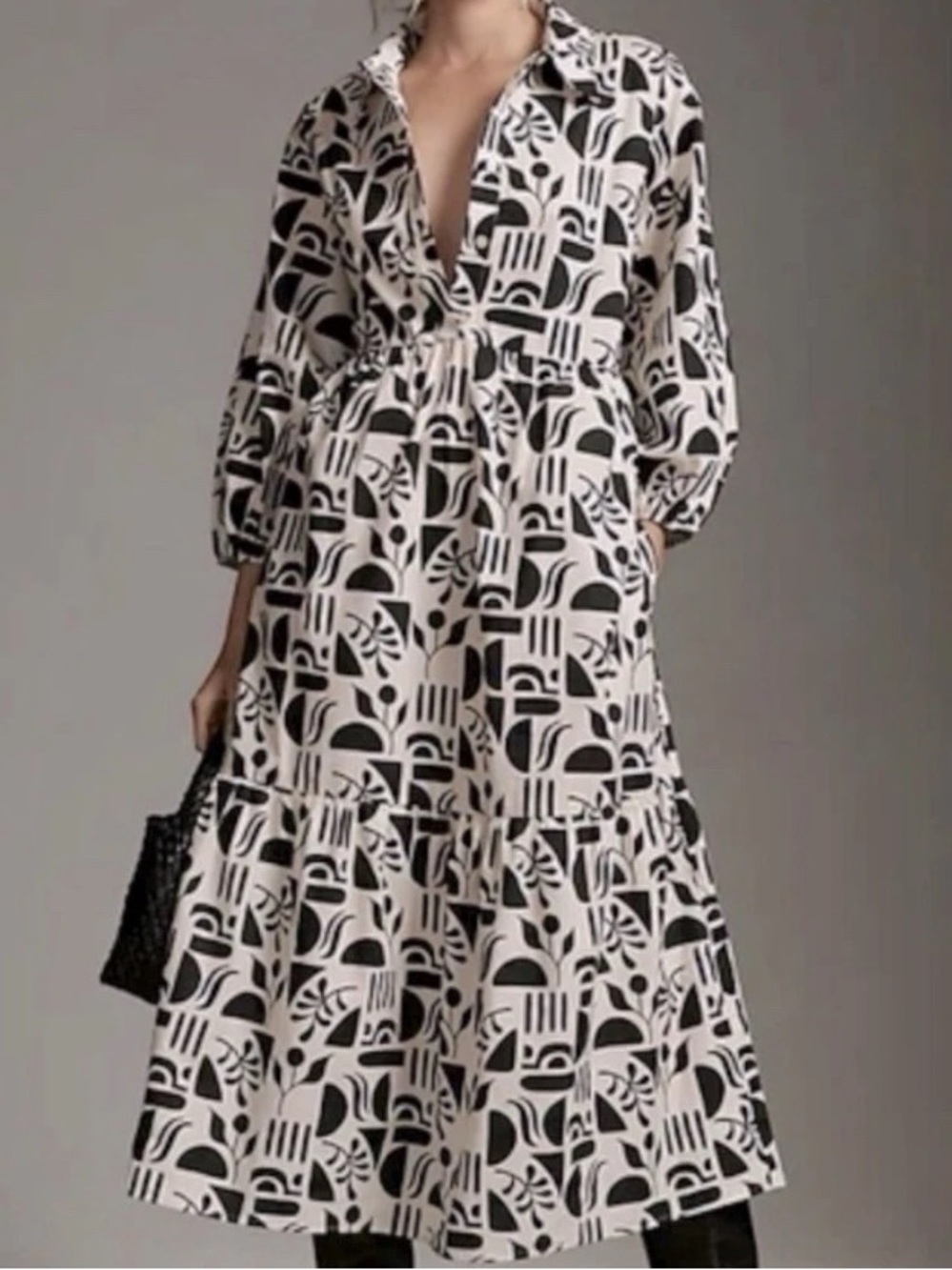 Maeve Anthropologie Bettina Tiered Shirt Dress Black Motif XL New